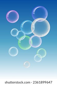 Soap bubbles with reflection. Vector illustration of free falling soap bubbles on a blue background. Template for creativity.