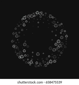 Soap bubbles. Round frame with soap bubbles on black background. Vector illustration.