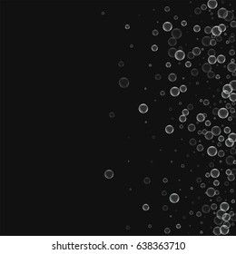 Soap bubbles. Scatter right gradient with soap bubbles on black background. Vector illustration.