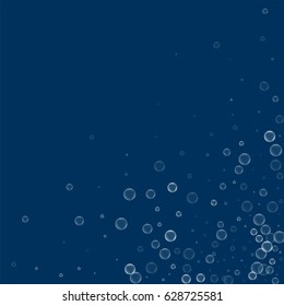 Soap bubbles. Scattered bottom right corner with soap bubbles on deep blue background. Vector illustration.