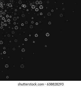 Soap bubbles. Scattered top left corner on black background. Vector illustration.