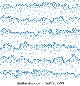 Soap bubbles. Sea and ocean waves. Seamless pattern blue. Cleaning concept. Water background. Wavy seacoast with bubbles. Design prints. Black and white river backdrop. Summer seascape. Vector