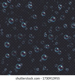 Soap bubbles seamless background. Abstract floating shampoo, bath lather pattern on dark backdrop. Realistic suds vector illustration.