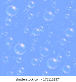 Las burbujas de jabón son fondo fluido. Resumen de champú flotante, patrón de bañador sobre fondo azul. Ilustración vectorial realista.