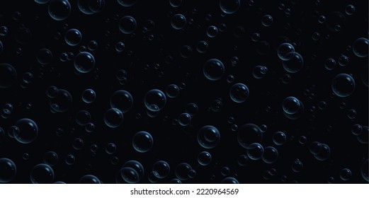 Soap bubbles seamless background. Abstract floating shampoo, bath lather pattern on dark backdrop. Realistic suds vector illustration.