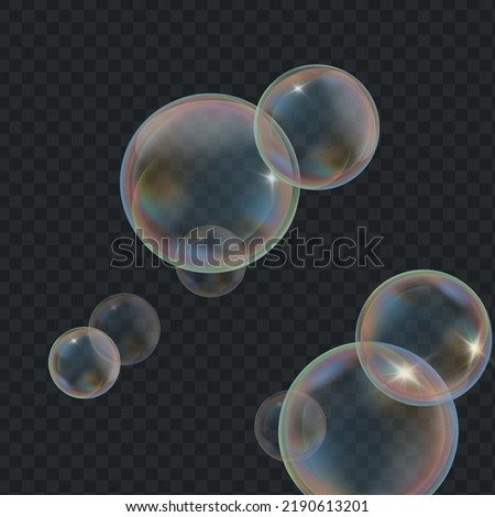 Soap bubbles seamless background. Abstract floating shampoo, bath lather pattern on dark backdrop. Realistic suds vector illustration.