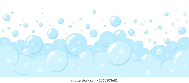 Soap bubbles seamless pattern. Bath foam and flying bubble border design. Wash gel, shampoo, soda. Cleaning washing or laundry, racy vector background