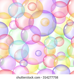 Soap bubbles seamless pattern,  children party presents wrapping texture, bright color wet laundry backdrop, vector background, 