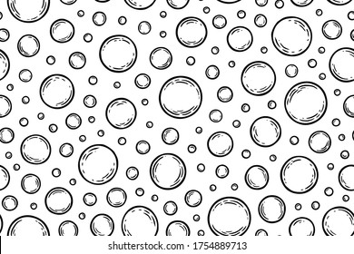 Soap bubbles. Seamless pattern. Cleaning concept. Water background. Hand drawn texture. Design wallpapers for prints bodycare, shampoo, toiletries, cleanliness, freshness, hygiene, bathroom. Vector