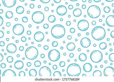 Soap bubbles. Seamless pattern. Cleaning concept. Water background. Hand drawn texture. Design wallpapers for prints bodycare, shampoo, toiletries, cleanliness, freshness, hygiene, bathroom. Vector