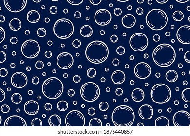 Soap bubbles. Seamless pattern. Cleaning concept. Water background. Hand drawn texture. Design wallpapers for prints bodycare, shampoo, toiletries, cleanliness, freshness, hygiene, bathroom. Vector