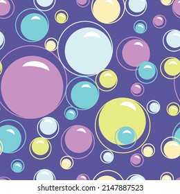 Soap bubbles seamless pattern. Color foam balls. Kids wallpaper. Funny abstract fabric print. Round shapes. Soda water fizz. Shampoo froth. Soapy spheres. Vector repeated