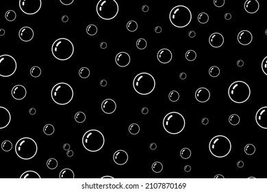 Soap bubbles seamless pattern. White line texture on black background. Water and bubble seamless pattern. Illustration for clean, shampoo and bathroom. Abstract repeat bubbles. Vector.