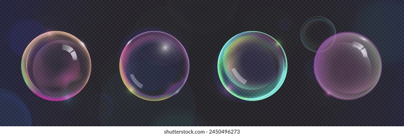 Soap bubbles set isolated on transparent background. Vector realistic illustration of glossy shampoo and water balls with light reflection on iridescent surface, laundry or bathroom design element