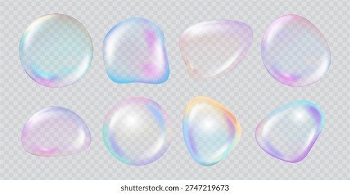 Soap bubbles set. Vector realistic gradient sphere compositions with surface reflection. Globule shapes with light refraction and glossy texture. Banner, presentation and creative layout use