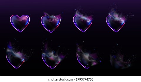 Soap bubbles in shape of heart burst sprites video animation sequence stages. Game user interface GUI elements, computer or web and motion design, love development storyboard, Realistic 3d vector set