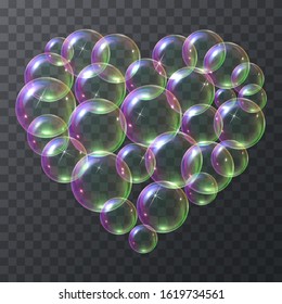 Soap bubbles in the shape of a heart flying in the air. Vector illustration set of sparkling soap bubbles resembling a heart isolated on a transparent background.