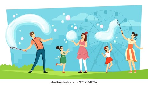 soap bubbles show. attraction for kids big soap bubbles. Vector cartoon background