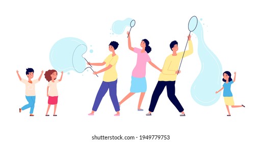 Soap bubbles show. Children party, huge bubble and joyful kids. Artists perform for boys girls cartoon vector characters