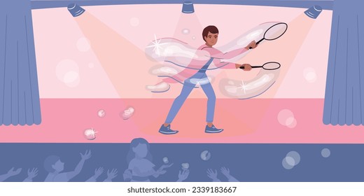 Soap bubbles show flat composition with male bubble artist performing on stage with silhouettes of audience vector illustration