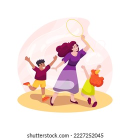 Soap bubbles show isolated cartoon vector illustration. Outdoor Birthday celebration, blowing soap bubbles, home party show, children entertainer, laughing kids, showing tricks vector cartoon.