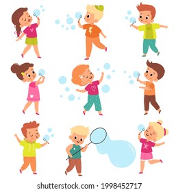 Soap bubbles show. Kids blow foam bubble, happy little girls and boys play, summer outdoor activity, fun children characters with air balls. Party entertainment vector isolated set