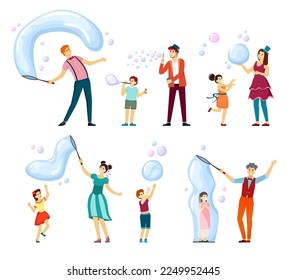 soap bubbles show. kids and parents playing and blowing soap bubbles. Vector cartoon characters