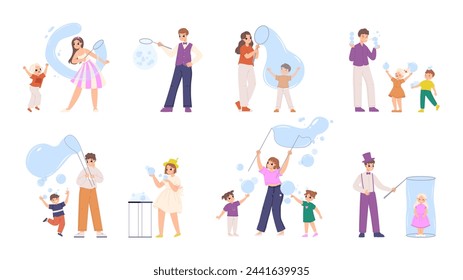 Soap bubbles show. Performers artists blowing bubble for children. Kids party, outdoor performance. Cute adults and children, cartoon snugly vector characters