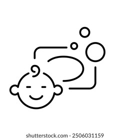 Soap, bubbles and smiling baby face. Gentle and soothing cleansing products suitable for infants. Pixel perfect vector icon