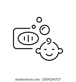 Soap, bubbles and smiling infant. Baby-friendly tear-free wash. Pixel perfect vector con