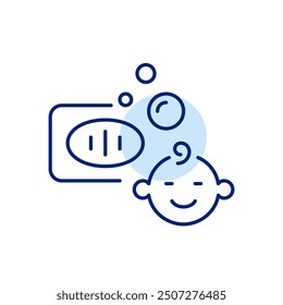 Jabón, burbujas y bebé sonriente. Lavado sin lágrimas amigable para bebés. Icono de trazo perfecto y editable del píxel