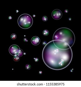 Soap bubbles soar against a black background. Vector illustration with multi-colored circles