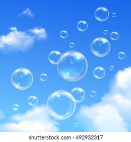 Soap bubbles soaring outdoor on sunny summer day realistic image poster with blue cloudy sky background vector illustration 