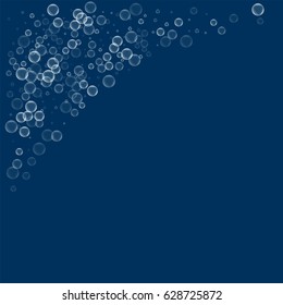 Soap bubbles. Top left corner with soap bubbles on deep blue background. Vector illustration.