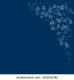 Soap bubbles. Top right corner with soap bubbles on deep blue background. Vector illustration.