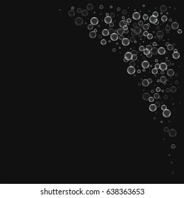 Soap bubbles. Top right corner with soap bubbles on black background. Vector illustration.