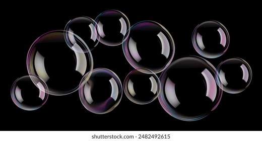 Soap bubbles in transparent water, 3d vector background. White reflections on big spheres and pink circles blown by wand. Rainbow iridescent round shaped ball. Glass mirror foam flare in air png