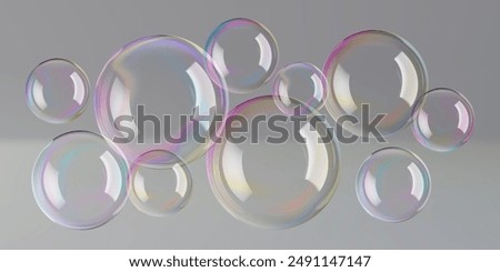 Soap bubbles in transparent water, 3d vector background. White reflections on big spheres and pink circles blown by wand. Rainbow iridescent round shaped ball. Glass mirror foam flare in air png