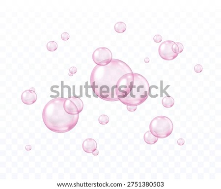 Soap bubbles underwater texture isolated on transparent background. Vector fizzy air, gas or oxygen under water. 3d pink champagne drink, soda effect template
