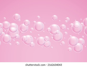 Soap bubbles. Vector illustration. Glowing flying water bubbles on pink background