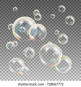 Soap Bubbles Vector. Rainbow Reflection Soap Bubbles. Aqua Wash. Isolated Illustration
