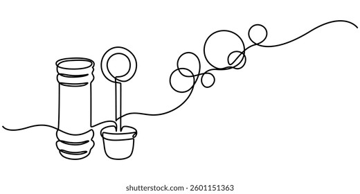 soap bubbles with wand bottle continuous one line drawing, Soap bubbles isolated on white background, blowing bubbles, Vector illustration, soap bubbles bottle illustration hand drawn outline vector. 