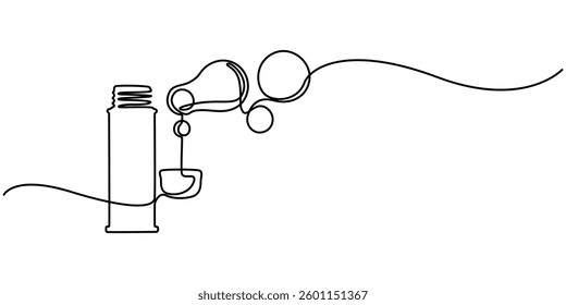 soap bubbles with wand bottle continuous one line drawing, Soap bubbles isolated on white background, blowing bubbles, Vector illustration, soap bubbles bottle illustration hand drawn outline vector. 