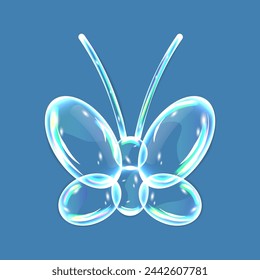 Soap bubbles, water drops in the form of , butterfly with shadows on blue background. Vector illustration with water drops.