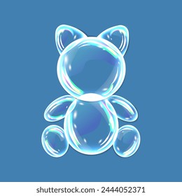 Soap bubbles, water drops in kitten shape with shadows on blue background. Vector illustration with water drops.