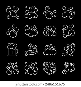 Soap bubbles, white line icons. Foam and bubbles, perfect for cleaning and hygiene themes. Symbols on black background. Editable stroke.