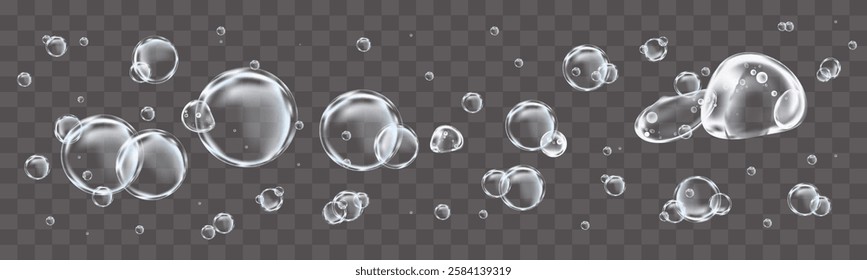 Soap Bubbles,Vector Collection Realistic Clear foam bubbles on transparent background. Vector flying set Air foam bath bubbles 