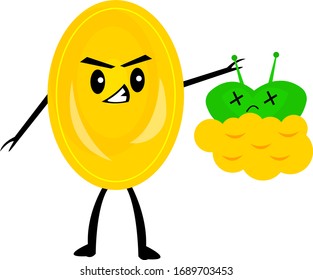 soap cartoon character is holding in his hand a dead microbe concept of hygiene and medicine object on a white background