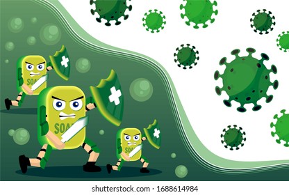 soap character with sword and healthy shield fighting virus or bacteria vector illustration on green