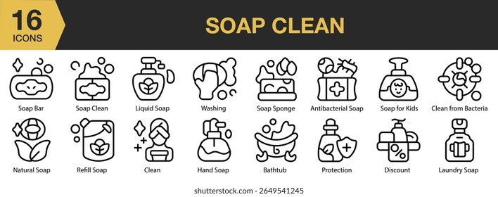 Soap Clean icon set. Includes soap, cleaner, clean, wash, hygiene, water, and More. Outline icons vector collection.